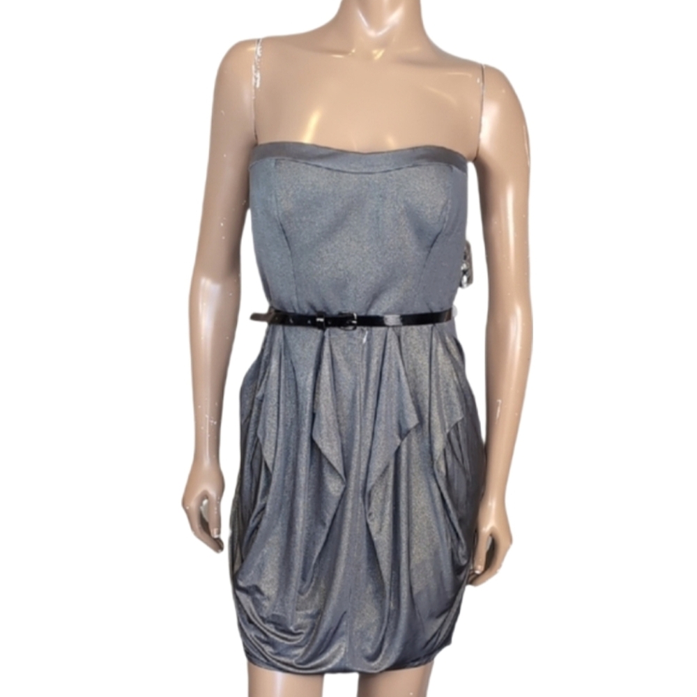 NEW Jessica Simpson Strapless Dress Womens Size 6 Gray Gold Belted Mini Cocktail